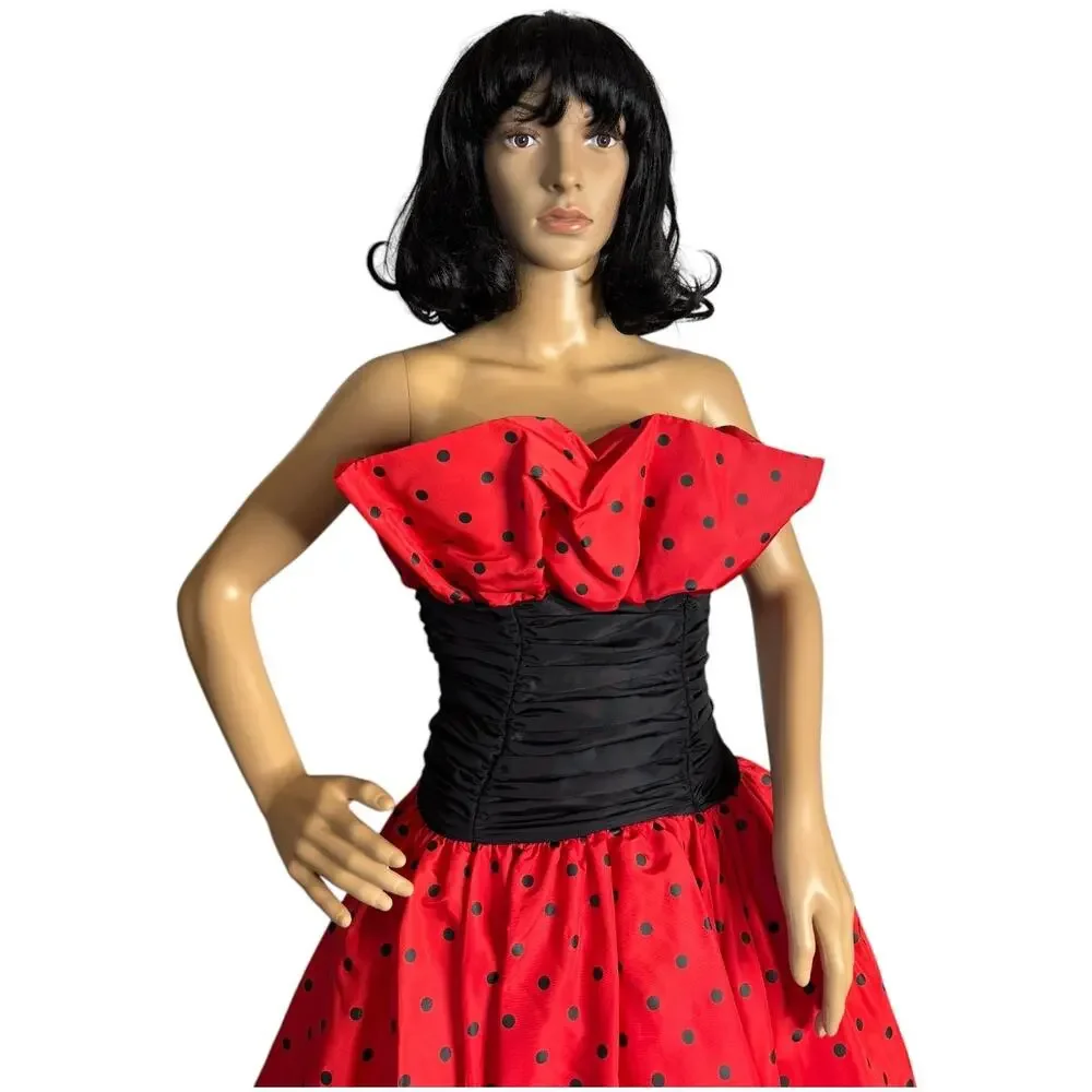 1980s Vintage Red Black Polka Dot Strapless Party Dress XS